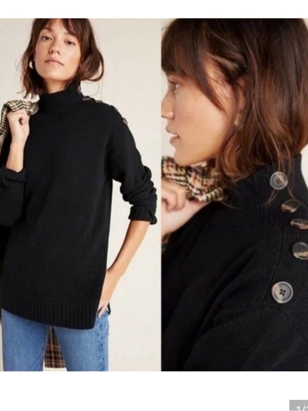 Anthropologie Black Button-Shoulder Mockneck Sweater